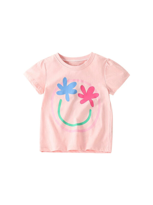 Summer Arrival Girls’ Flowers and Smiling Face Pattern Short Sleeves T-shirt in European and American Style - Image 5
