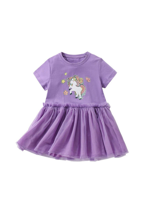 Summer Arrival Horse Cartoon Pattern Short Sleeves Tulle Design Cute Dress for Stylish Girls - Image 5