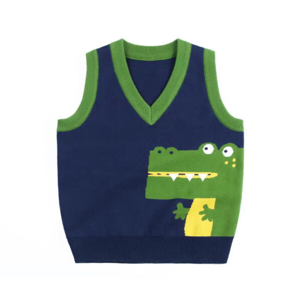 Baby Boy Cartoon Graphic Contrast Design V-Neck Sleeveless Knitted Vest Sweater - Image 3