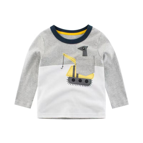 Baby Boy Cartoon Excavator & Animal Pattern Contrast Design Shirt - Image 5