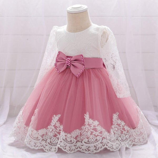 Baby Girl Bow Patched Design Long Sleeves Full Moon Christening Mesh Formal Dress - Image 23