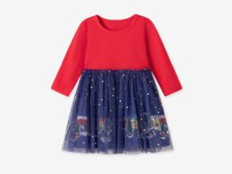 Autumn and Spring Arrival Christmas Cartoon Pattern Long Sleeves Tulle Decorated Dress for Stylish Girls
