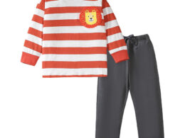 Arrival Spring And Autumn Boys Casual Appliqué Embroidery Lion And Striped Pattern Long Sleeves Top T-Shirt And Pants Clothing Set