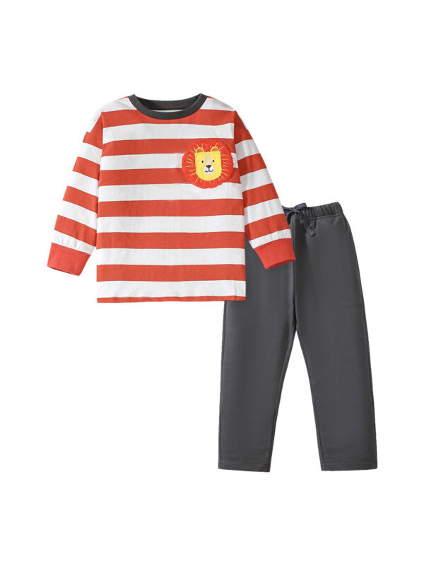 Arrival Spring And Autumn Boys Casual Appliqué Embroidery Lion And Striped Pattern Long Sleeves Top T-Shirt And Pants Clothing Set - Image 9