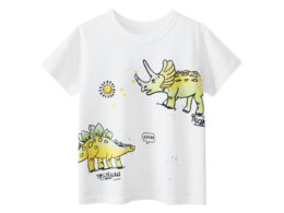 Boys’ Dinosaurs Cartoon Print Beige T-Shirt In European And American Style