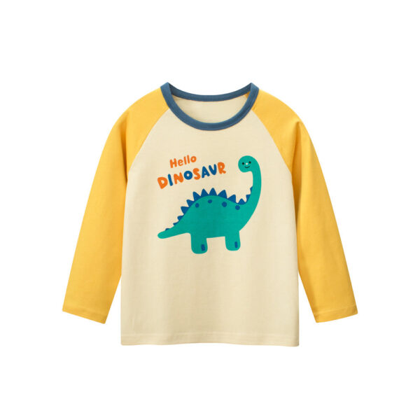 Autumn Baby Kids Unisex Letters and Dinosaur Print Color Patchwork Long Sleeves Crew Neck Base Top Shirt - Image 11