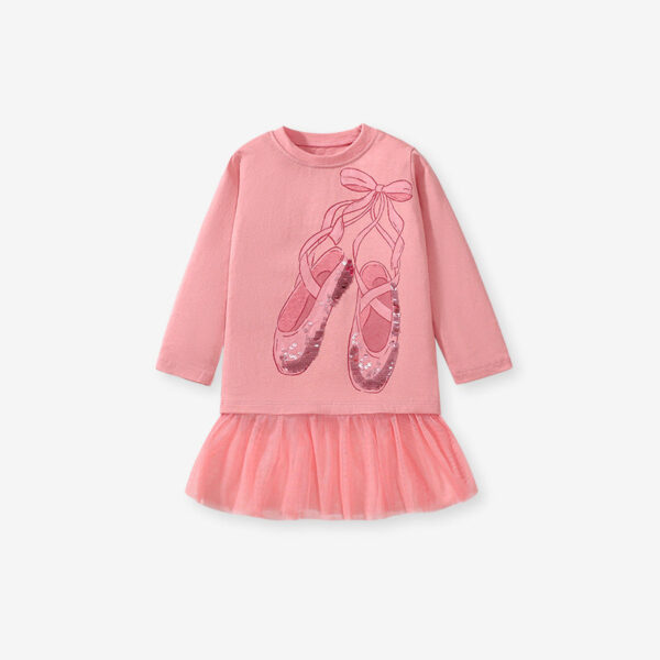 Girls’ Cartoon Dancing Shoes Long Sleeves T-Shirt Dress In European And American Style For Autumn - Image 2