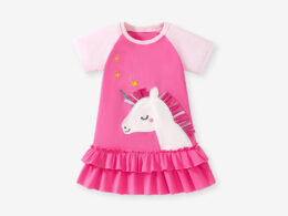Summer Arrival Cartoon Unicorn Pattern Short Sleeves Dress for Stylish Girls