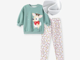 Spring and Autumn Girls Animals Cartoon Pattern Long Sleeves Sweatshirt and Floral Pants Christmas Clothing Set