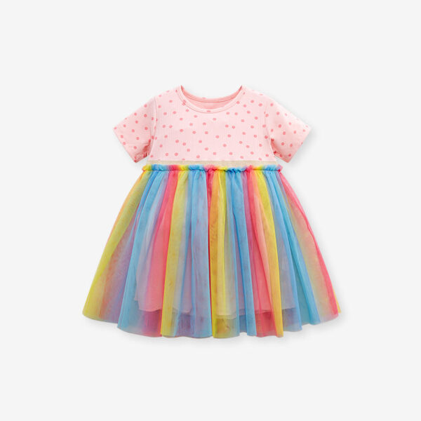 Spring And Summer Baby Girls Short Sleeves Polka Dots Rainbow Chiffon Dress - Image 5