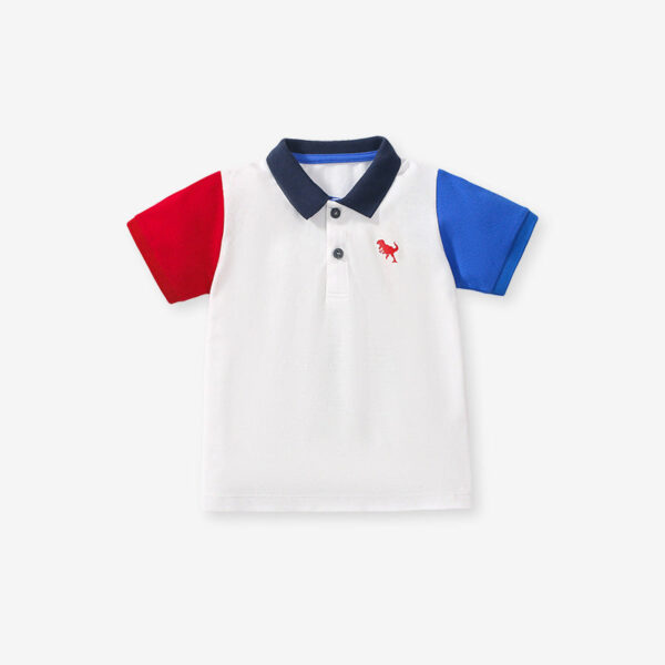 Summer New Design Kids Boys Dinosaur Logo Short Sleeves Color Patchwork Polo Shirt
