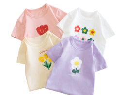 Baby Girl Floral Print Solid Color O-Neck Short Sleeved T-Shirt