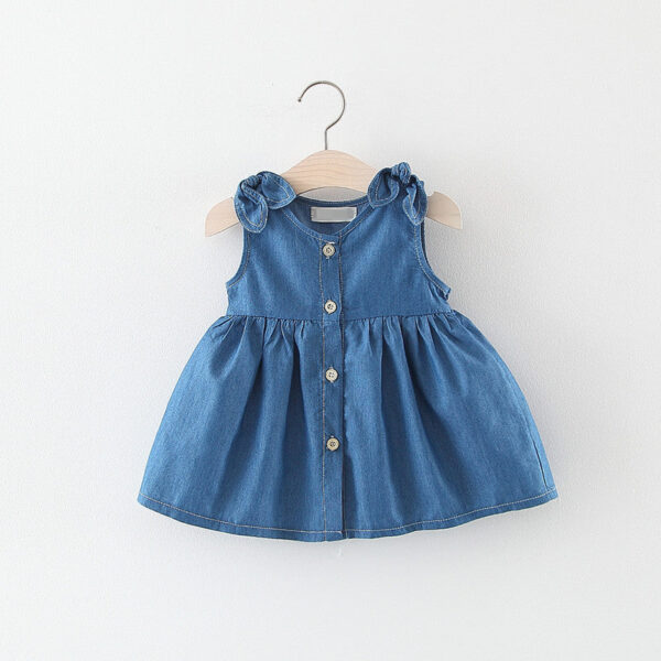 Baby Girl Solid Blue Denim Dress In Summer - Image 2