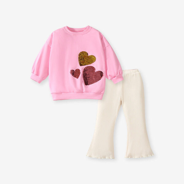 Arrival Spring And Autumn Girls Fashion Sequin Heart Long Sleeves Top T-Shirt And Flared Pants Clothing Set - Image 2