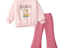 Spring And Autumn Girls Cute Cartoon Little Bambi Print Top Sweatshirt And Solid Color Pants