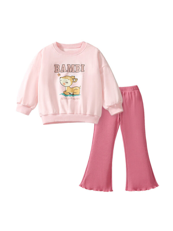 Spring And Autumn Girls Cute Cartoon Little Bambi Print Top Sweatshirt And Solid Color Pants - Image 10