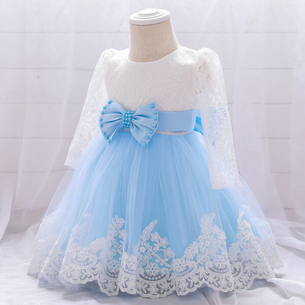 Baby Girl Bow Patched Design Long Sleeves Full Moon Christening Mesh Formal Dress - Image 11