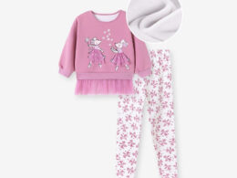 Spring and Autumn Girls Animals Cartoon Pattern Long Sleeves Tulle Patchwork Sweatshirt and Floral Pants Clothing Set