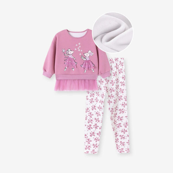 Spring and Autumn Girls Animals Cartoon Pattern Long Sleeves Tulle Patchwork Sweatshirt and Floral Pants Clothing Set - Image 11