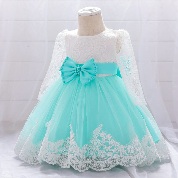 Baby Girl Bow Patched Design Long Sleeves Full Moon Christening Mesh Formal Dress - Image 12