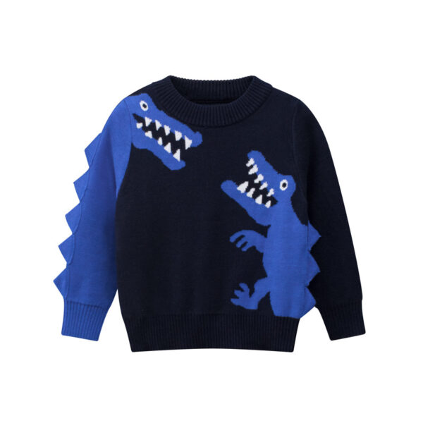 Boys Multi Color Contrast Dinosaur Pattern Round Collar Knit Sweater Outfit - Image 6