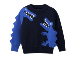 Boys Multi Color Contrast Dinosaur Pattern Round Collar Knit Sweater Outfit