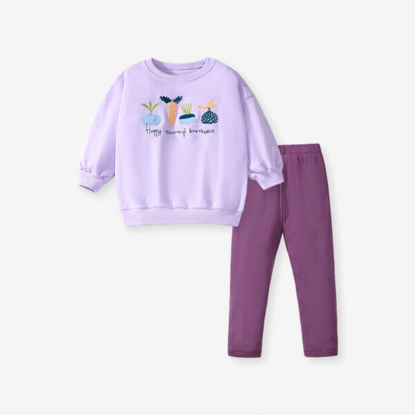 Spring and Autumn Girls Cartoon Turnip Brothers Pattern Long Sleeves Crew Neck Top Sweatshirt and Pants Clothing Set - Image 2