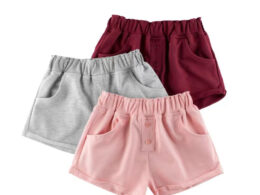 Baby Girl Solid Color Button Design Flap Short Pants With Pockets