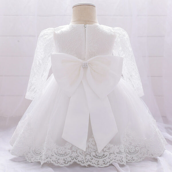 Baby Girl Bow Patched Design Long Sleeves Full Moon Christening Mesh Formal Dress - Image 3