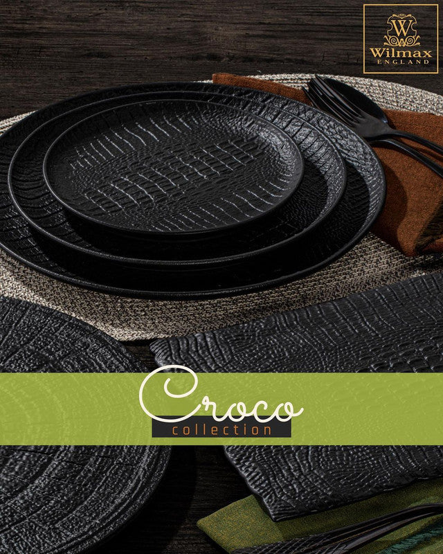 Black Porcelain Slate look Round Plate / Platter With Crocodile Skin Texture 13" inch | 33 Cm - Image 3