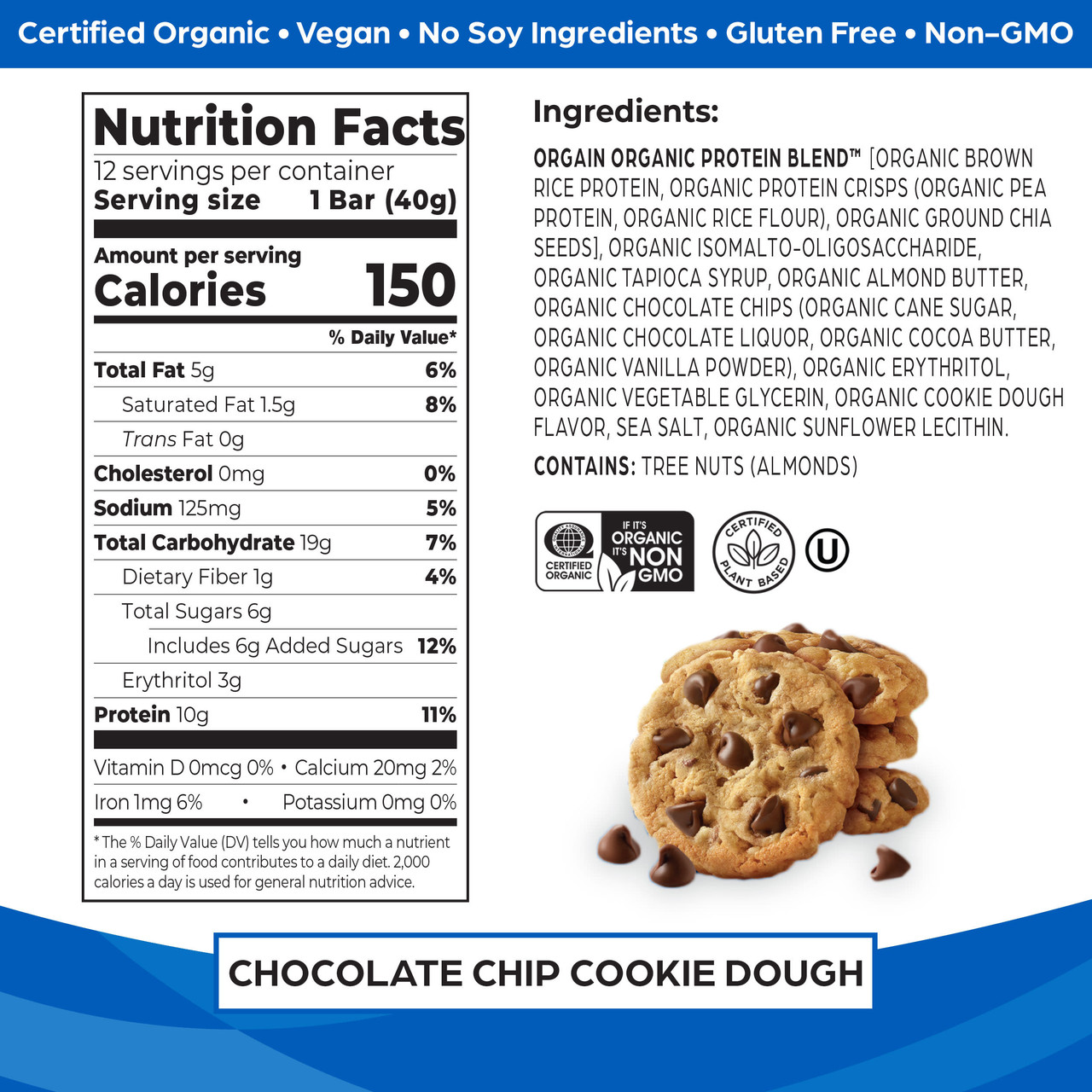 Orgain Organic Cookie Dough Protein Snack Bar 1.41 oz (Pack of 12) - Image 2