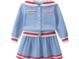 Girls Navy Collar Top Combo Skirt Knitwear Sets