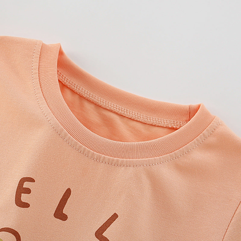 Summer Baby Kids Flowers and Letters Pattern T-shirt and Solid Color Shorts Clothing Set for Girls - Image 2