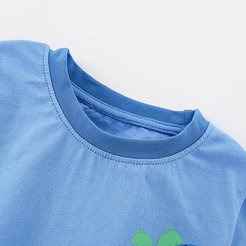 Summer Baby Kids Animals Cartoon Pattern T-shirt and Plain Shorts Clothing Set for Boys - Image 2