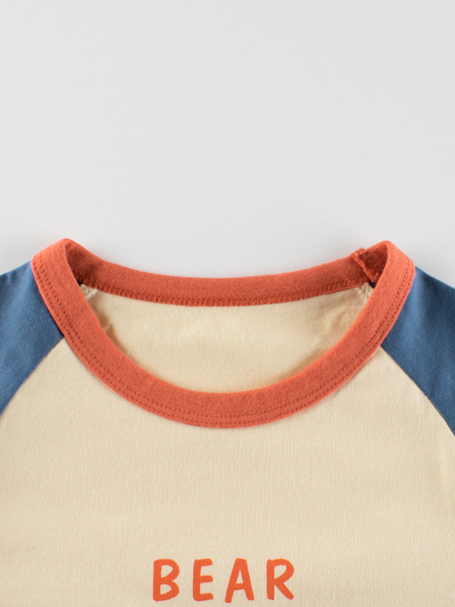 Autumn Baby Boys Cartoon Teddy Bear Print Color Patchwork Long Sleeves Crew Neck Base Top Shirt - Image 2