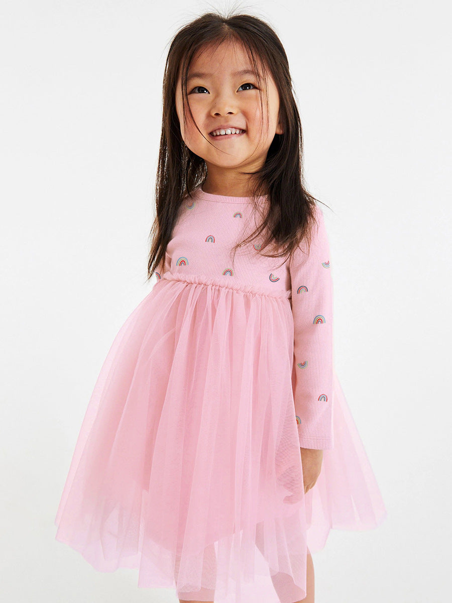 Arrival Autumn Girls Rainbows Print Crew Neck Long Sleeves Tulle Patchwork Princess Dress - Image 3