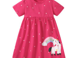 Spring And Summer Baby Girls Short Sleeves Rainbow Horse Floral Cartoon Dress