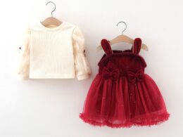 Autumn and Winter Arrival Baby Girls Long Sleeves Crew Neck Top and Rabbit Design Dress