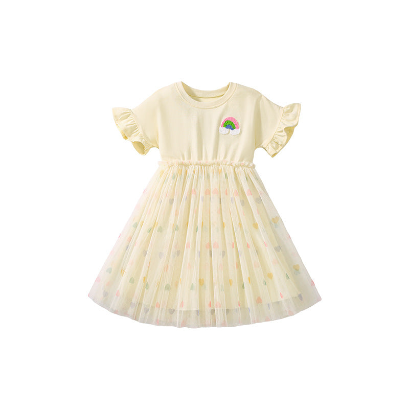 Summer Arrival Rainbow Pattern Short Sleeves Tulle Patchwork Dress for Stylish Girls - Image 5