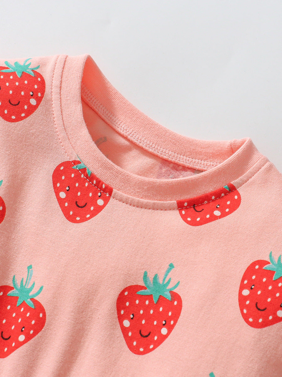 Arrival Autumn Girls Long Sleeves Cartoon Strawberry Fruits Pattern Crew Neck Dress - Image 3