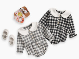 Baby Girl Plaid Pattern Doll Collar Design Long Sleeve Onesies With Buttons