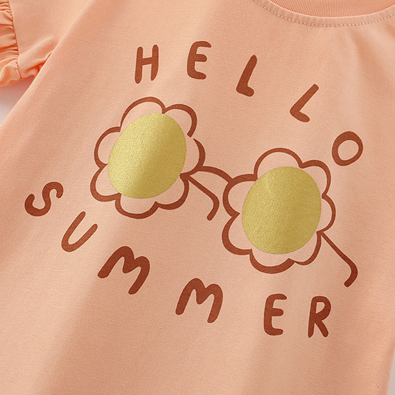 Summer Baby Kids Flowers and Letters Pattern T-shirt and Solid Color Shorts Clothing Set for Girls - Image 3