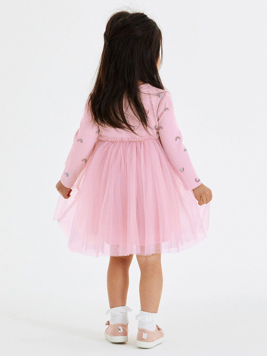 Arrival Autumn Girls Rainbows Print Crew Neck Long Sleeves Tulle Patchwork Princess Dress - Image 4