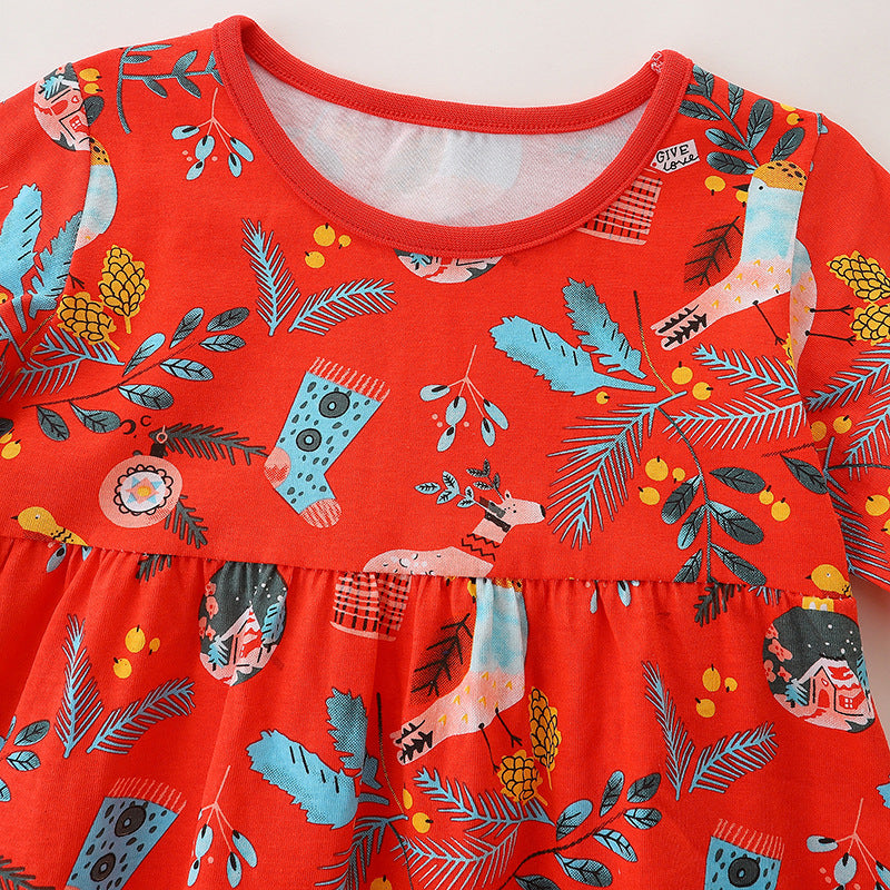 Baby Girl Floral Graphic Long Sleeve A-Line Design Loose Christmas Dress - Image 3