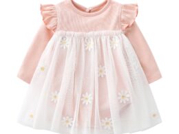 Baby Girls Floral Lace Patchwork Design Ruffle Long-Sleeved Dress Onesies In Spring & Autumn