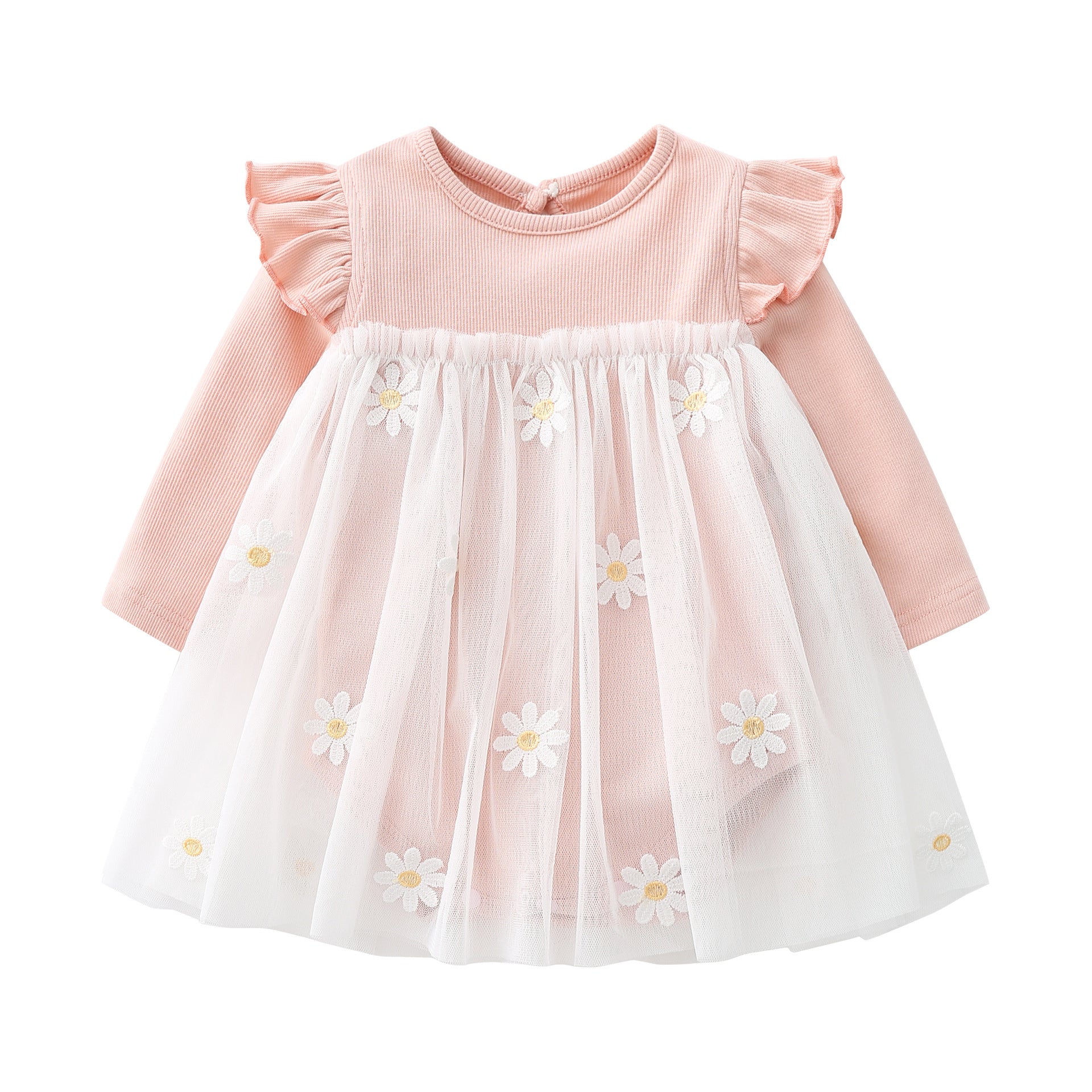 Baby Girls Floral Lace Patchwork Design Ruffle Long-Sleeved Dress Onesies In Spring & Autumn - Image 14