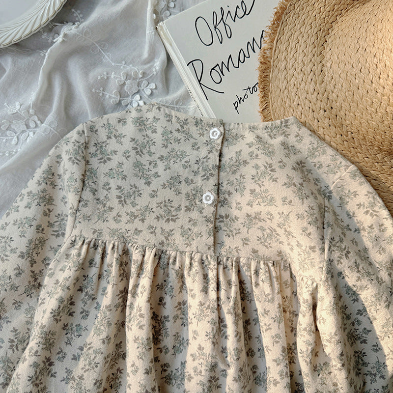 Arrival Autumn Girls Cute Flowers and Lace Embroidery Pattern Long Sleeves Crew Neck Dress - Image 4