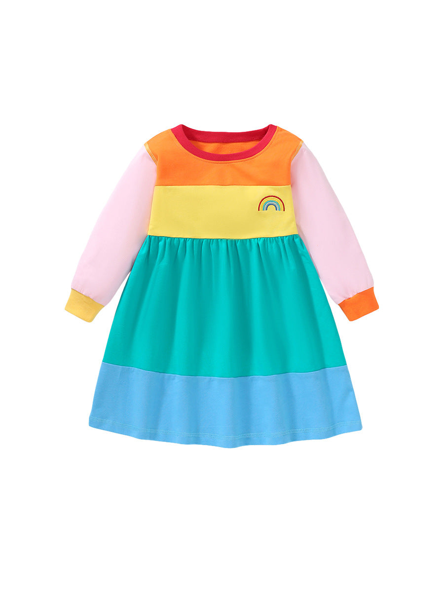 Arrival Autumn Girls Long Sleeves Rainbow Color Patchwork Crew Neck Dress - Image 10