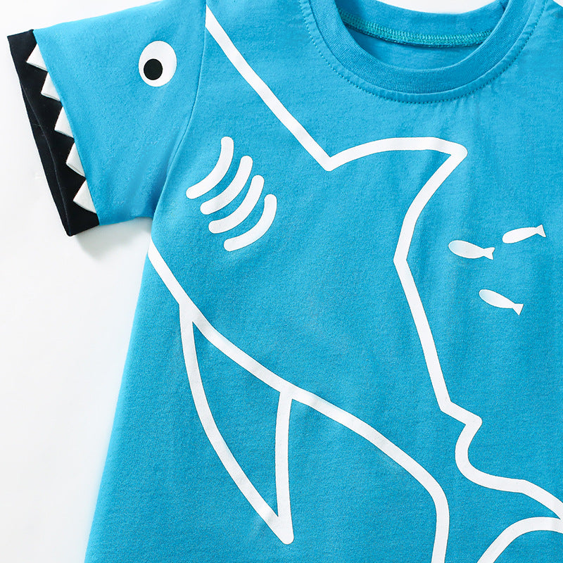 Summer Baby Kids Shark Cartoon Pattern T-shirt and Shorts Clothing Set for Boys - Image 3