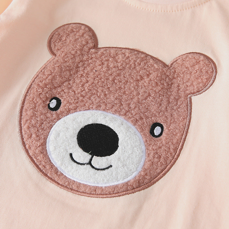 Spring and Autumn Boys Cartoon Teddy Bear Pattern Long Sleeves Top and Striped Pants Clothing Set - Image 3